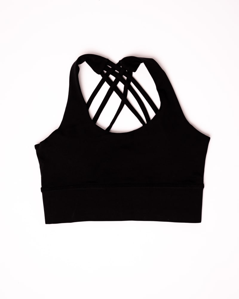 Front of a size XXL Crisscross Crop Sports Bra in BLACK by Gold Elite Apparel. | dia_product_style_image_id:284805